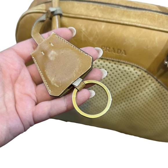 Prada Vitello Drive Bowling Bag Perforated Cream Tan Leather Bag - Picture 11 of 16